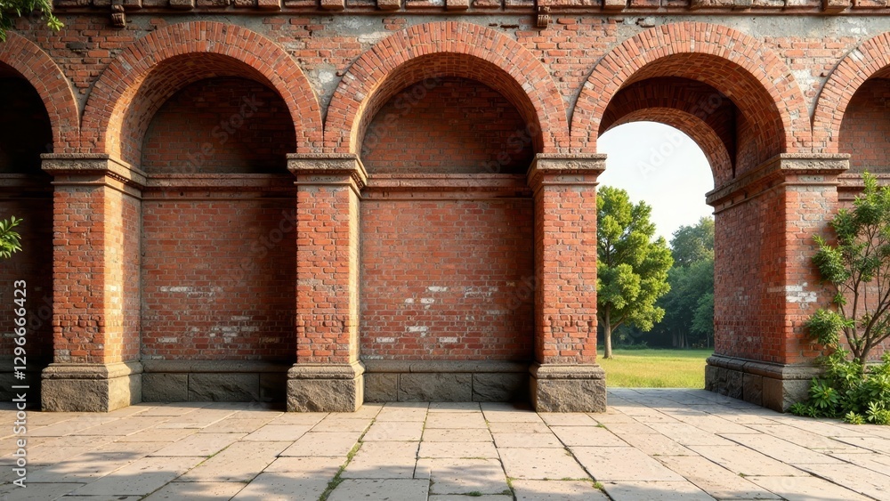 Fototapeta premium Serene brick archway passageway leading to a tranquil park-like setting with lush green trees and grass, sunlight illuminating the scene