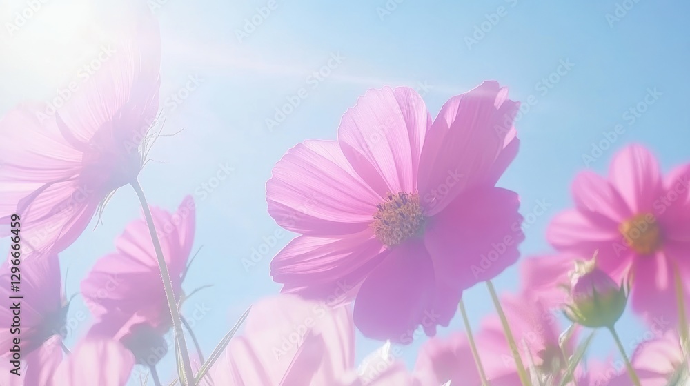 Fototapeta premium Pink Cosmos Flowers Blooming Against Clear Blue Sky in Summer