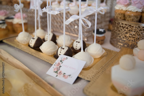 Elegant Wedding Candy Bar with Colorful Sweets, Cakes, and Fruits photo