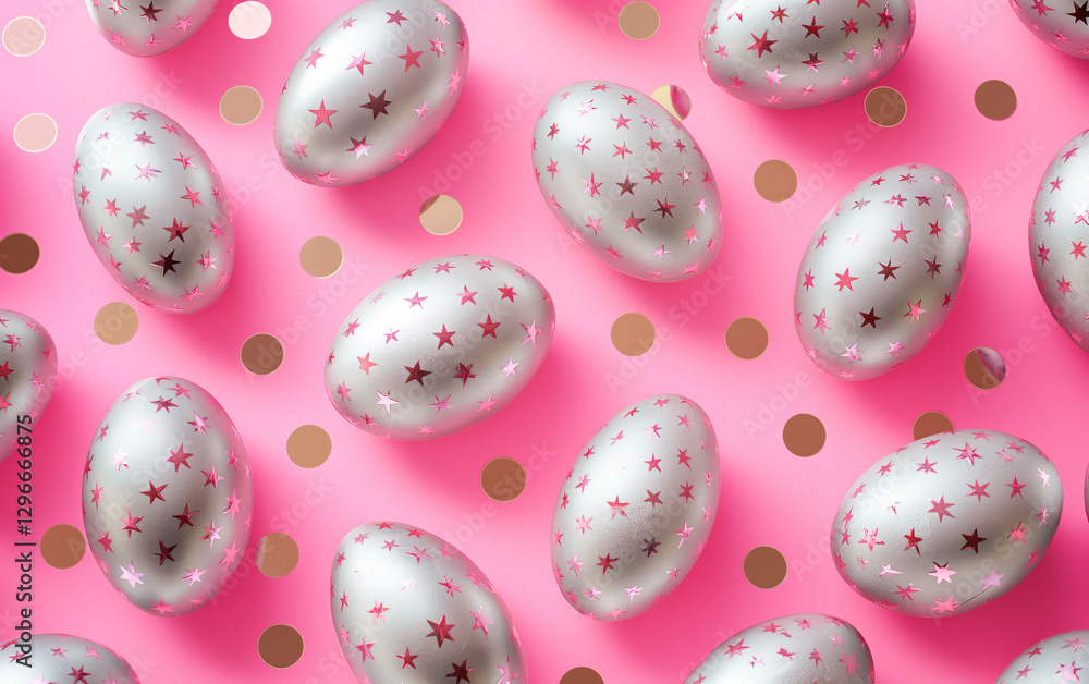 Silver metallic Easter eggs with star patterns arranged on a bright pink background. Concept of Easter, holiday decorations, and festive joy. Silver metallic Easter eggs with star patterns arranged on a bright pink background. Concept of Easter, holiday decorations, and festive joy.