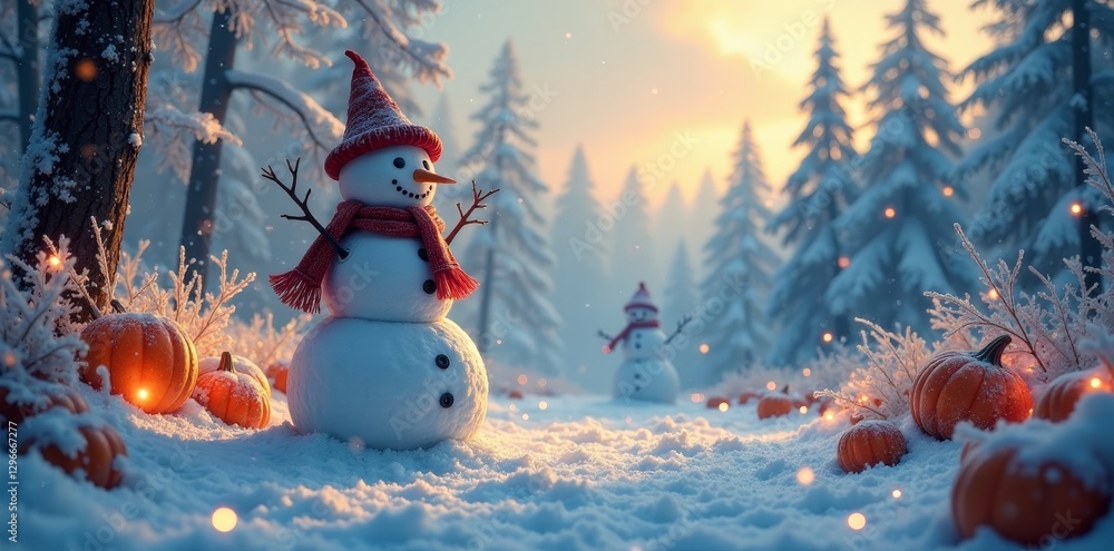 Fototapeta premium Winter Wonderland Featuring Frosty Friends and Glowing Pumpkins in a Snowy Forest