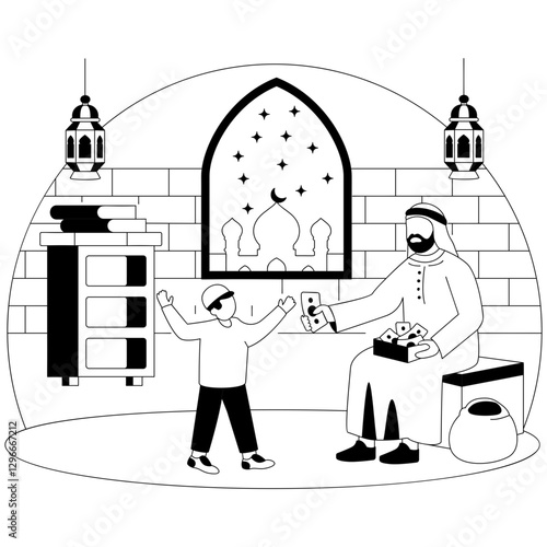 Traditional Saudi Man wearing thawb and shemagh Cash Giving to Kids concept, Eidi Money Generosity and Giving vector icon design, Ramazan and Eid al-Fitr Banner Muslim fasting month story, Arab