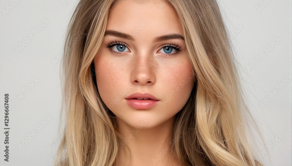 A young woman with blonde hair and blue eyes is shown from the shoulders up, facing forward. A young woman with blonde hair and blue eyes is shown from the shoulders up, facing forward.