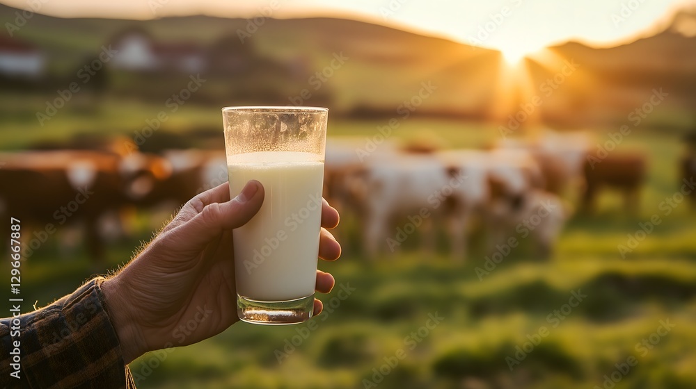 As the sun sets over a tranquil farm, a farmer savors a refreshing glass of eco-friendly milk, surrounded by grazing cows As the sun sets over a tranquil farm, a farmer savors a refreshing glass of eco-friendly milk, surrounded by grazing cows
