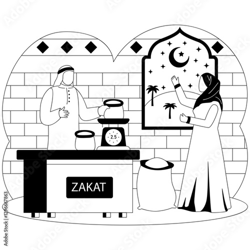 Couple calculating their Zakat Money together concept, Sharing Blessings in Night of Charity vector icon design, Ramazan and Eid al-Fitr sign, Muslim fasting month scene Arabic holidays illustration