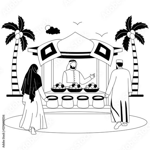 middle eastern street market during Ramazan concept, Emirati couple going for shop the vegetables fruits vector icon design Eid al-Fitr Banner Muslim fasting month scene Arabic holidays illustration