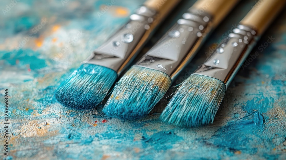 Obraz premium Close-up of three paintbrushes with blue paint on a palette.