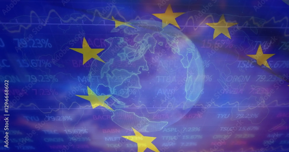 Obraz premium Image of financial data processing over globe and flag of european union