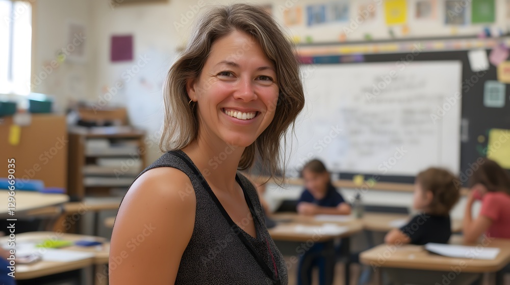 Smiling female teacher stands in a classroom with students engaged in learning during a bright school day Smiling female teacher stands in a classroom with students engaged in learning during a bright school day