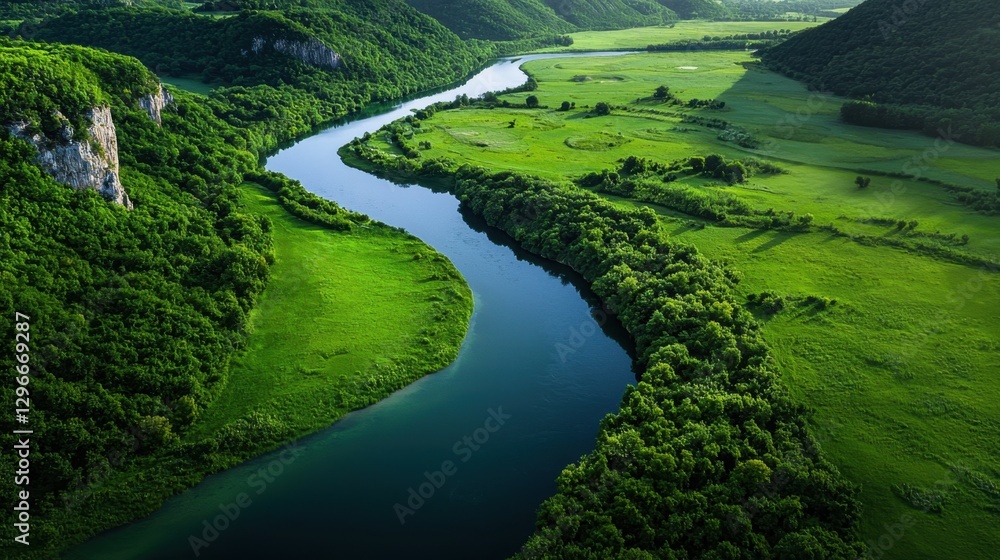 Aerial View of Serene Green Landscape with Winding River and Lush Hills, Capturing the Tranquility of Nature in a Picturesque Setting Aerial View of Serene Green Landscape with Winding River and Lush Hills, Capturing the Tranquility of Nature in a Picturesque Setting