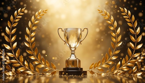 Glimmering Trophy Surrounded by Golden Laurel Leaves on a Shimmering Background of Lights and Sparkles