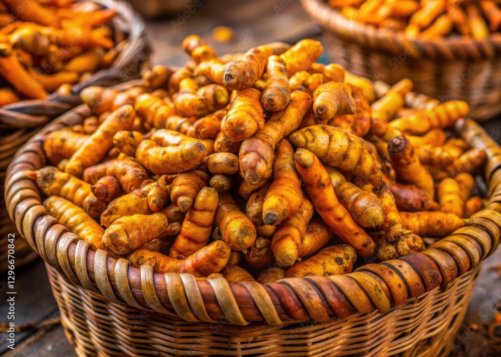 Indonesian Turmeric Roots Market Close Up - Fresh Spice Basket - Traditional Asian Herb Indonesian Turmeric Roots Market Close Up - Fresh Spice Basket - Traditional Asian Herb