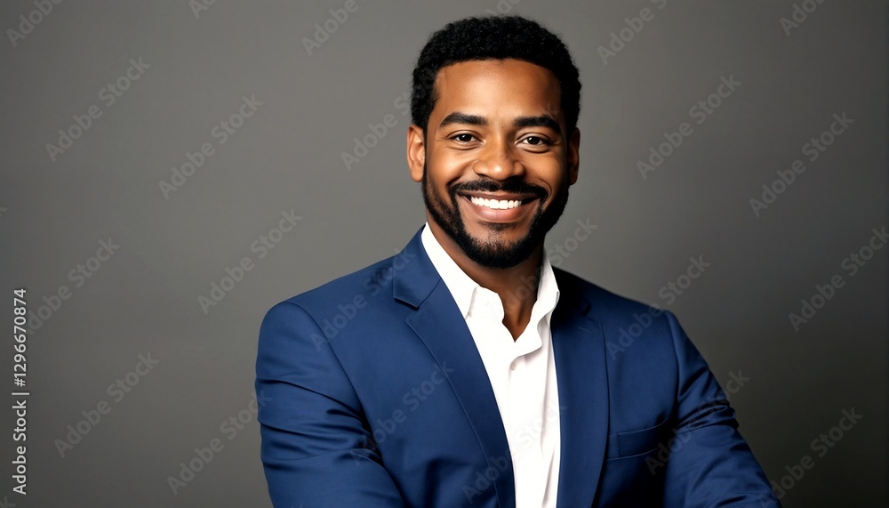 A portrait of a black man with dark skin and short curly hair wearing a blue suit jacket over a white collared shirt smiling at the camera against a gray background. A portrait of a black man with dark skin and short curly hair wearing a blue suit jacket over a white collared shirt smiling at the camera against a gray background.