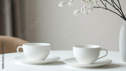 Wallpaper Mural Minimalist white teacups on saucers with flower vase Torontodigital.ca