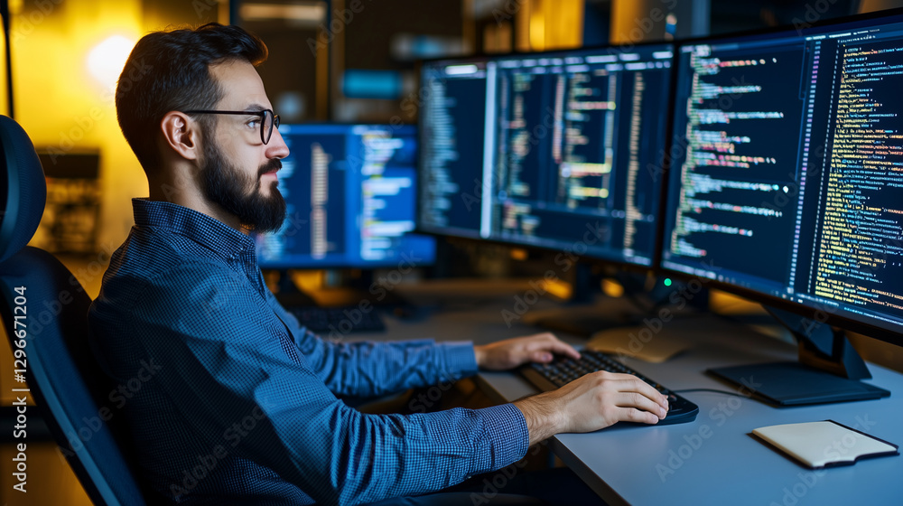 A coder refining artificial intelligence with dynamic analytics in a modern office A coder refining artificial intelligence with dynamic analytics in a modern office