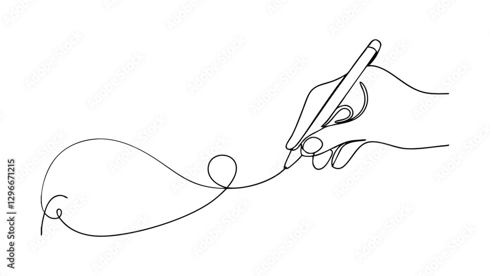A minimalist line art illustration depicts a hand holding a pen, elegantly creating a flowing cursive script. The single continuous line creates a graceful, artistic effect. A minimalist line art illustration depicts a hand holding a pen, elegantly creating a flowing cursive script. The single continuous line creates a graceful, artistic effect.