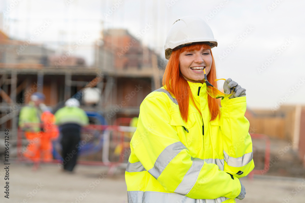 Portrait of happy laughing Brightly dressed female builder while on the job at a construction site during the day Portrait of happy laughing Brightly dressed female builder while on the job at a construction site during the day