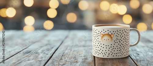 Ceramic coffee mug with a hamster illustration, soft warm glow, inviting cafe textures photo