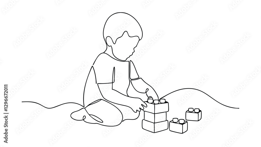 A singleline drawing depicts a young child, knees on ground, engrossed in building a structure with toy blocks. Simple, minimalist style. A singleline drawing depicts a young child, knees on ground, engrossed in building a structure with toy blocks. Simple, minimalist style.