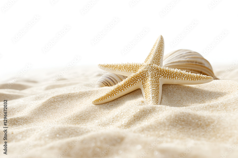 Various seashells sticking out of the sand beach and Starfish isolated on white background. Various seashells sticking out of the sand beach and Starfish isolated on white background.