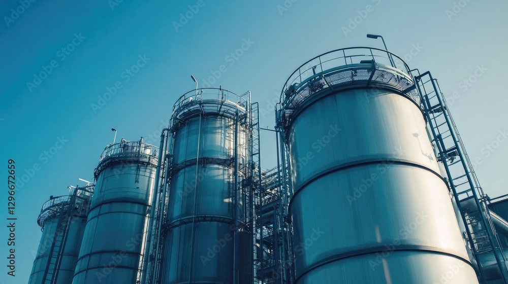 A biofuel power station with massive storage tanks against a cool cyan background A biofuel power station with massive storage tanks against a cool cyan background