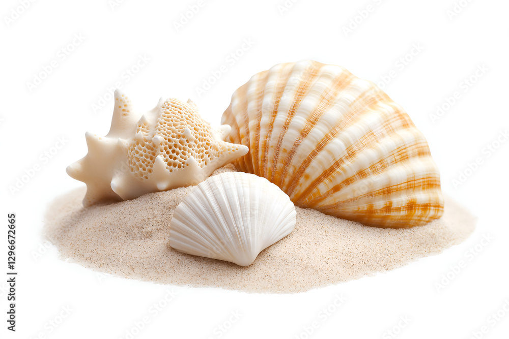 Various seashells sticking out of the sand beach and Starfish isolated on white background. Various seashells sticking out of the sand beach and Starfish isolated on white background.
