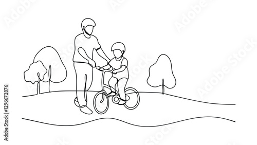 Singleline drawing of a father assisting his young son learn to ride a bicycle in a park setting. Simple, minimalist style.