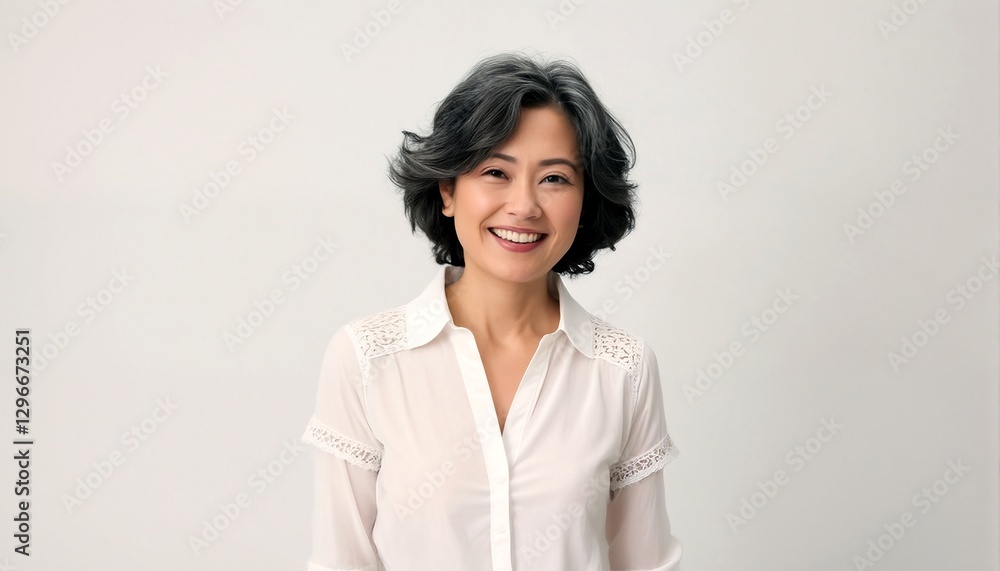 Portrait of an Asian woman with short hair, wearing a white shirt, smiling at the camera. Portrait of an Asian woman with short hair, wearing a white shirt, smiling at the camera.