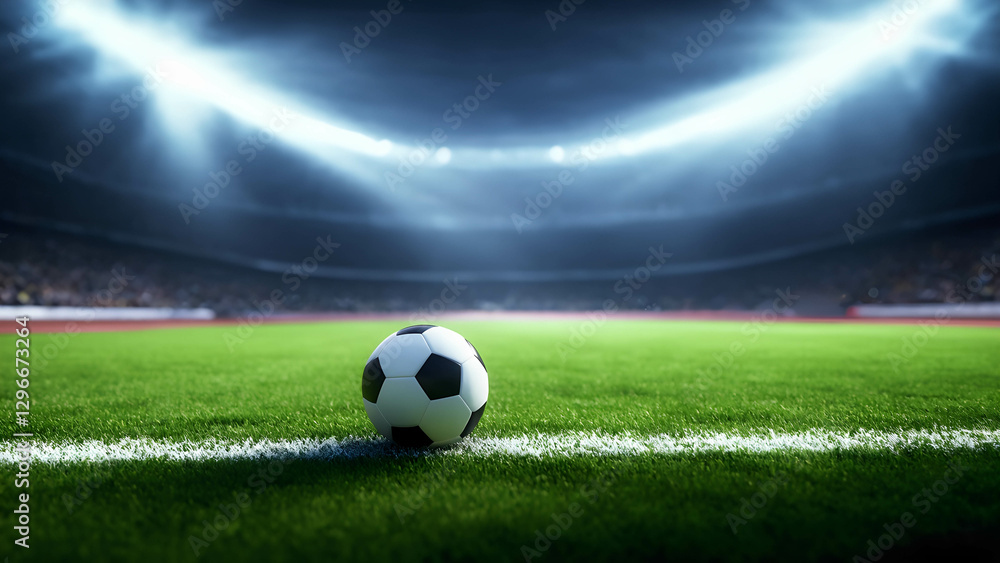 Naklejka premium A soccer ball resting on freshly cut grass in a stadium, with dramatic lighting