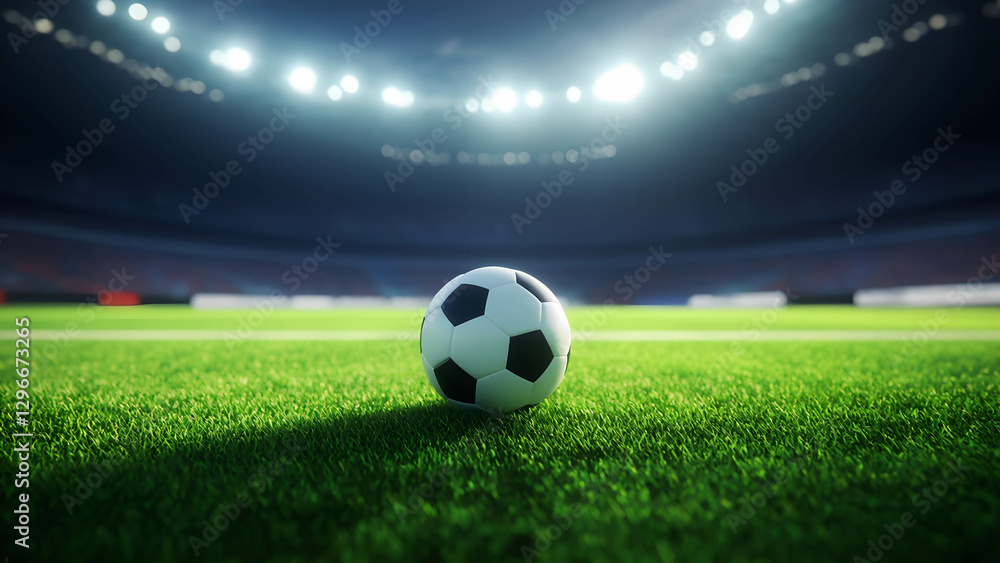 Naklejka premium A soccer ball resting on freshly cut grass in a stadium, with dramatic lighting