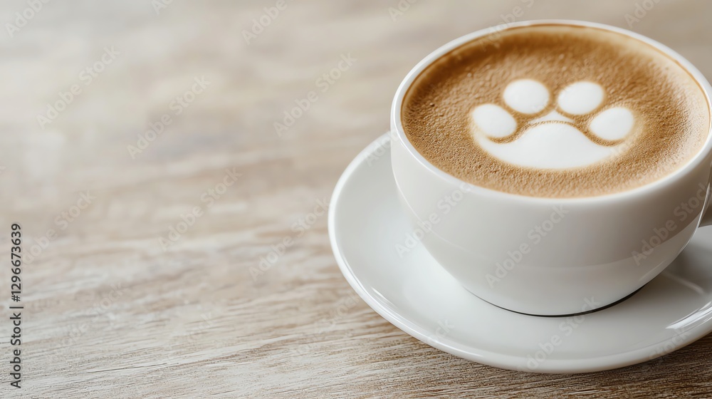 Latte with a kitten paw print foam art, stylish indoor cafe, warm natural lighting Latte with a kitten paw print foam art, stylish indoor cafe, warm natural lighting