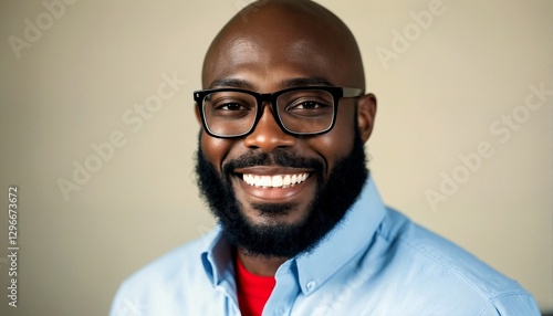 A photograph of a black man with glasses and a beard smiling at the camera. photo