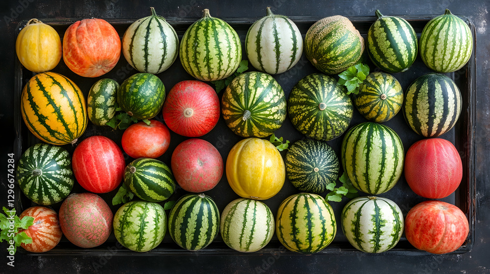 Vibrant Assortment of Watermelons on a Dark Surface Arrangement Vibrant Assortment of Watermelons on a Dark Surface Arrangement