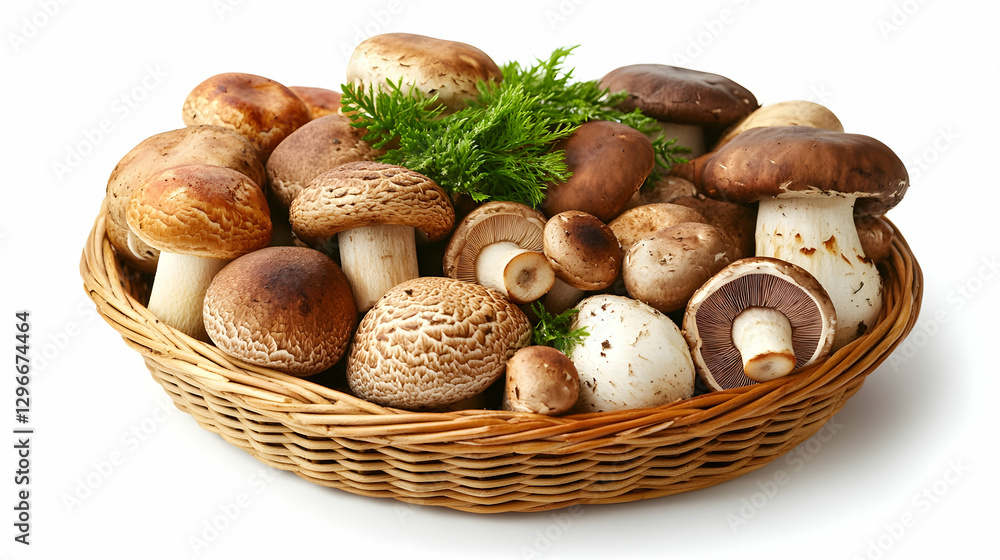 Fresh and Diverse Assortment of Mushrooms in a Wooden Basket Fresh and Diverse Assortment of Mushrooms in a Wooden Basket