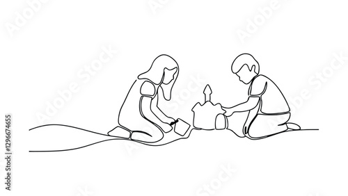 A continuous line drawing depicts two children, a girl and a boy, kneeling and cooperatively building a sandcastle on a beach. Simple, playful scene.