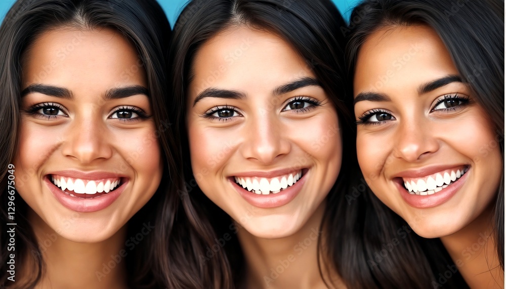 A close-up photograph of three young women with fair skin and long brown hair smiling brightly at the camera. A close-up photograph of three young women with fair skin and long brown hair smiling brightly at the camera.