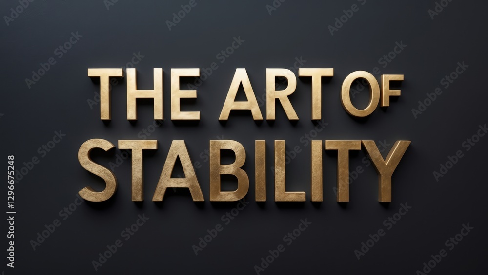 Fototapeta premium Golden text spelling 'The Art of Stability' against a dark background, creating a striking contrast and modern aesthetic