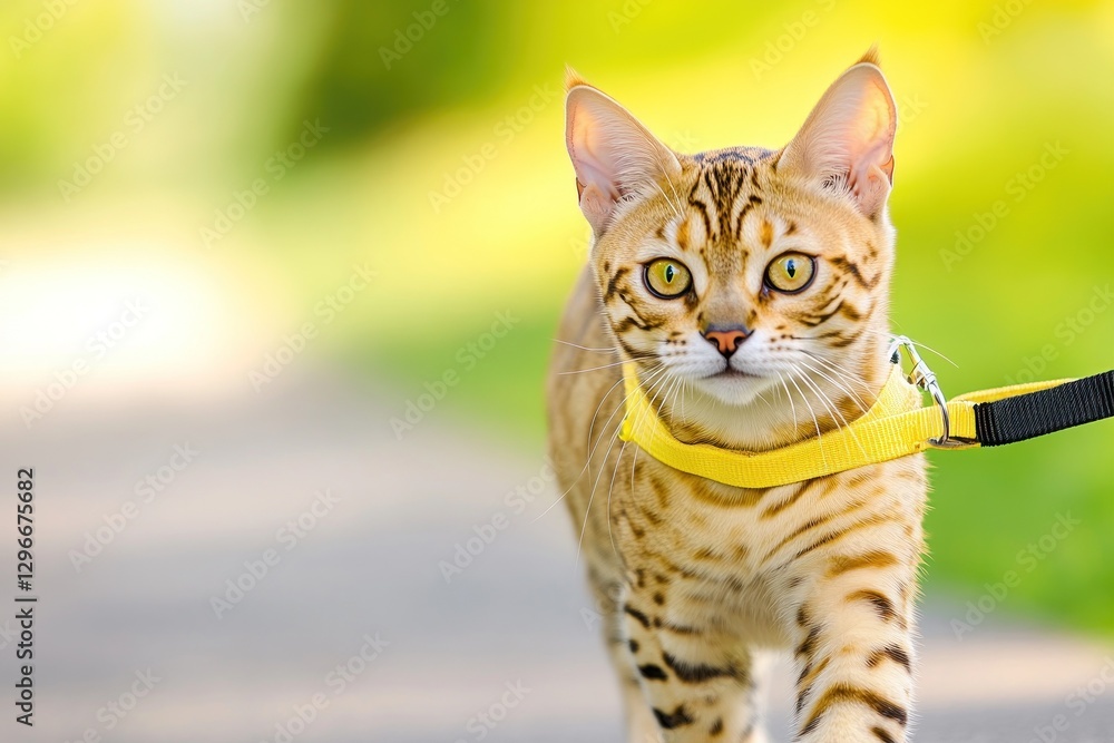 Naklejka premium Bengal Cat Walking Joyfully In The Sun