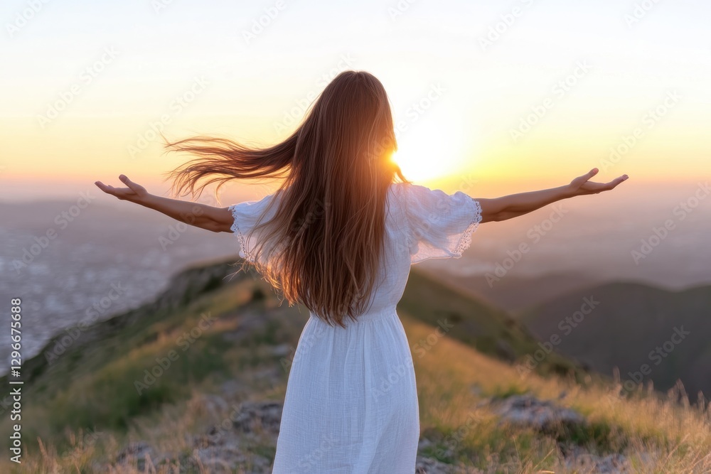 An inspiring scene showcasing a woman in a white dress, joyfully standing with arms outstretched, embracing the warmth of the sunset from a picturesque hilltop. An inspiring scene showcasing a woman in a white dress, joyfully standing with arms outstretched, embracing the warmth of the sunset from a picturesque hilltop.