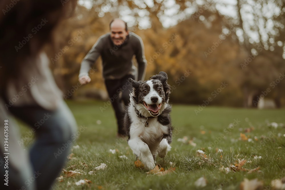 A family playing ball with their dog in a park. A family playing ball with their dog in a park.