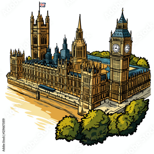 Vector comic hand-drawn illustration of Palace of Westminster. Palace of Westminster in London