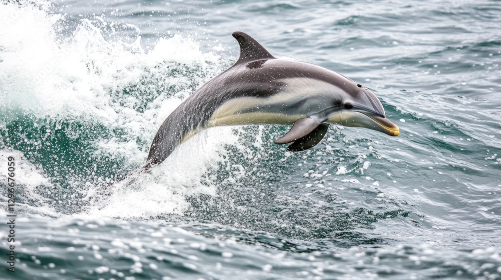 Fototapeta premium A dolphin mid-jump through a foamy wave with sparkling ocean mist