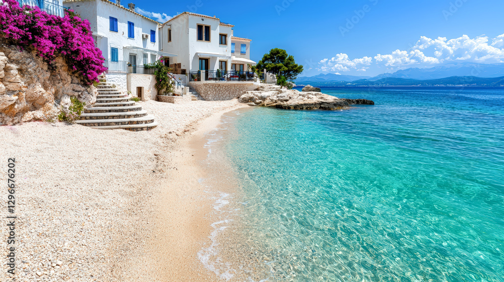 Fototapeta premium Scenic view of Greece Islands, featuring whitewashed buildings, blue-domed churches, vibrant flowers, and breathtaking sea views under a clear blue sky