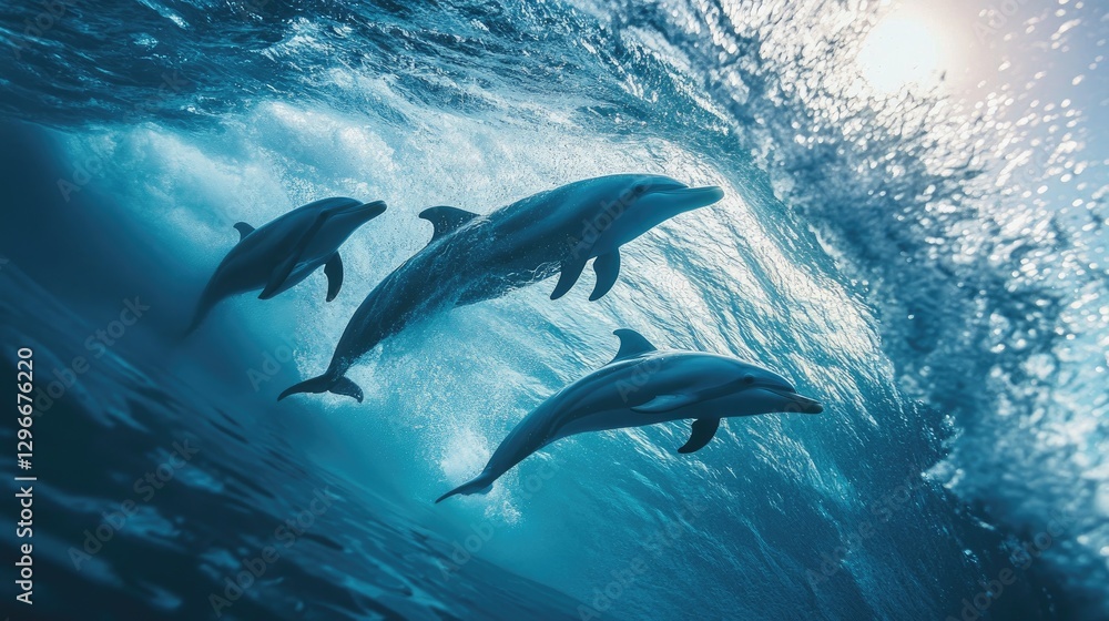 A dramatic view of dolphins inside a breaking barrel wave A dramatic view of dolphins inside a breaking barrel wave