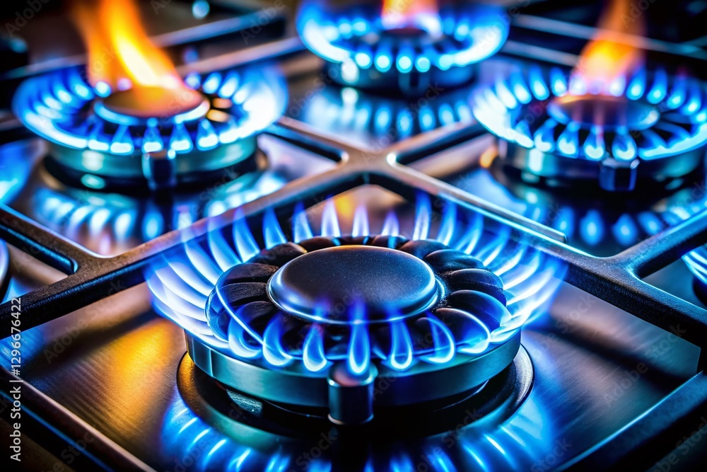 Modern Kitchen Blue Gas Flame Close-Up Stock Photo: Clean Energy & Cooking Modern Kitchen Blue Gas Flame Close-Up Stock Photo: Clean Energy & Cooking