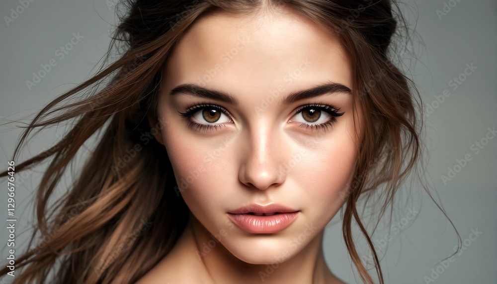 A young woman with long brown hair and light skin looks directly at the camera. A young woman with long brown hair and light skin looks directly at the camera.