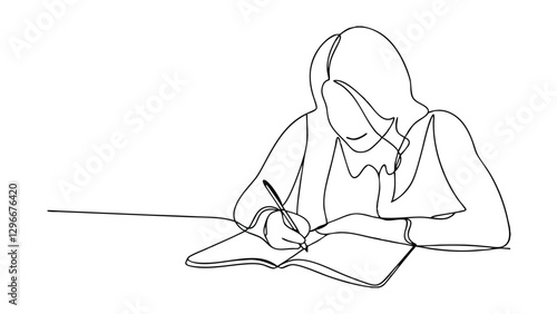 A singleline drawing depicts a woman seated at a table, intently writing in an open notebook. Her thoughtful expression and posture suggest concentration and creative work.