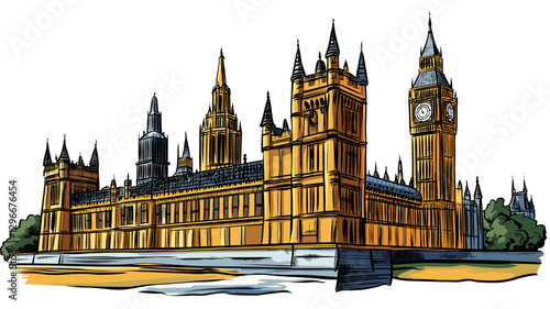 Vector comic hand-drawn illustration of Palace of Westminster. Palace of Westminster in London
