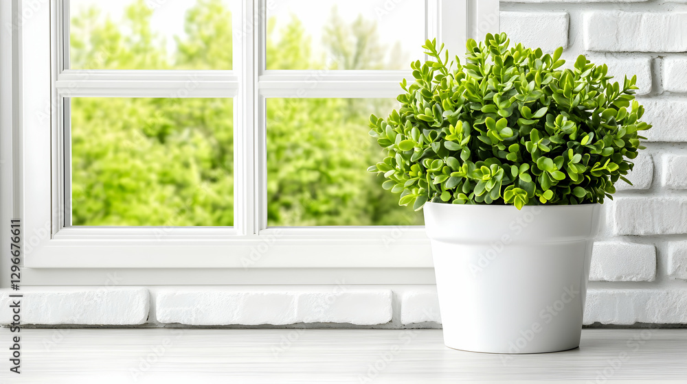 Green Potted Plant by Bright Window with Nature View Outside Green Potted Plant by Bright Window with Nature View Outside