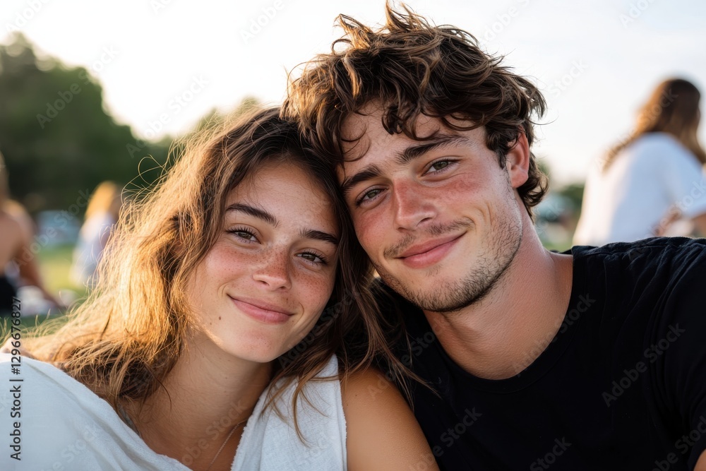 A joyful couple smiles brightly while sitting together outdoors, radiating warmth and connection amidst a beautiful summer setting filled with nature's glow.